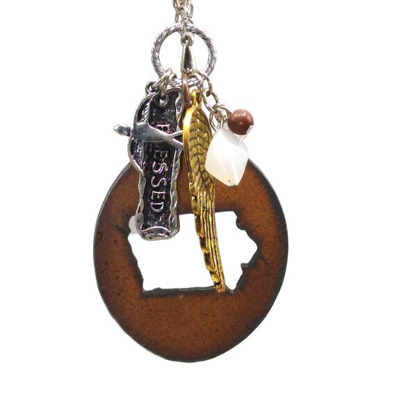 Metal Cutout State Pendant, Iowa Beaded Necklace, Midwestern America, Silver - Picture 1 of 4